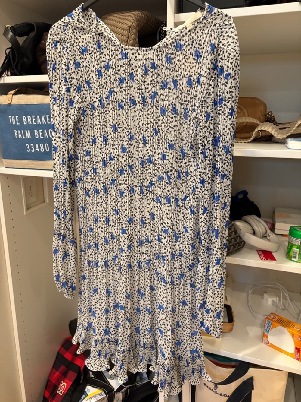 Maje White and Blue Long Sleeve Ruffle-Hem Dress